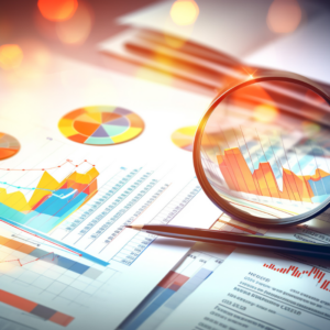 Concept of business audit stock financial finance management on analysis data , close up of statistic graphs and magnifying glass on table