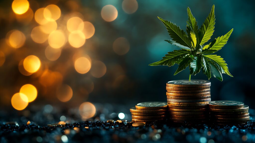 A cannabis plant sprout growing from a stack of gold coins, representing the lucrative nature of the marijuana industry.