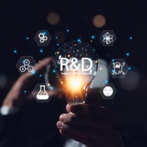 Research and development, businessman holding light bulb with R and D icons on virtual screen for research and development, technology, science, business.
