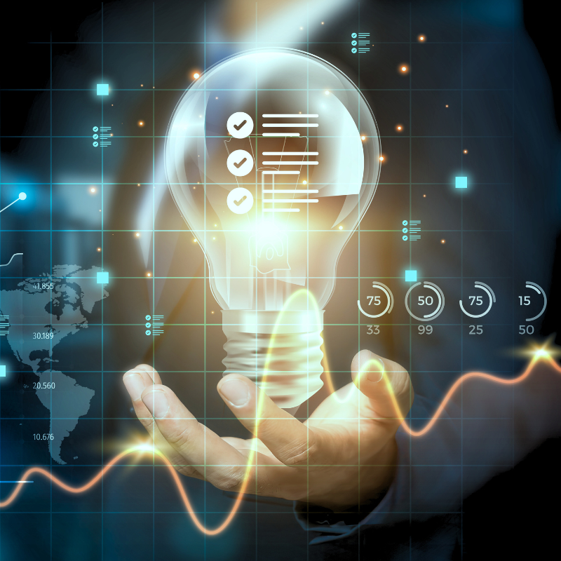 Innovation technology depicted by an light bulb develops new standards and practices for operations and financial management practices globally.