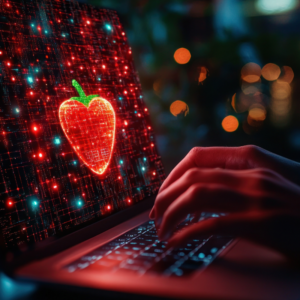 Hands typing on a laptop with a glowing digital strawberry hologram on the screen, set against a dark, blurred background with red glowing lights.