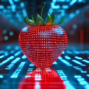 A strawberry with binary code overlay, symbolizing Open AI's Strawberry Model