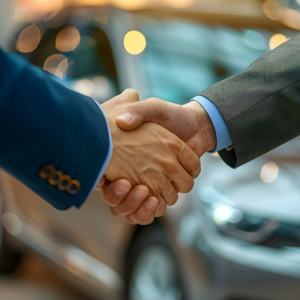 Close up of a handshake between a dealership owner and a equity investor at a car showroom.