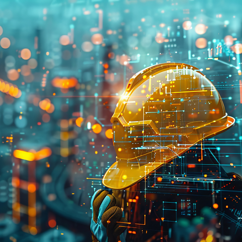 A construction worker wearing a bright yellow hard hat and gloves awaiting cyber security attacks amidst the city skyline and cranes.