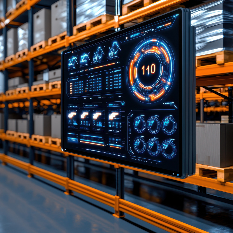 An electronic display within a warehouse, featuring shelves that are systematically optimizing business operations with automated inventory.