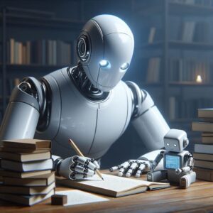 A robot focused on writing at a desk, accompanied by books, symbolizing the intersection of artificial intelligence and AI language education.