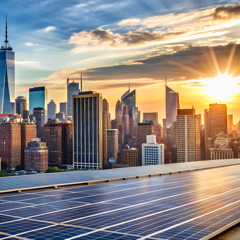 Rooftop solar panels in NYC with Manhattan skyline view, sustainable, urban, solar energy, renewable, green.