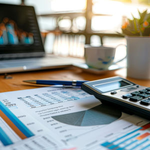 A calculator sits on a table next to a laptop with accounting graphs.