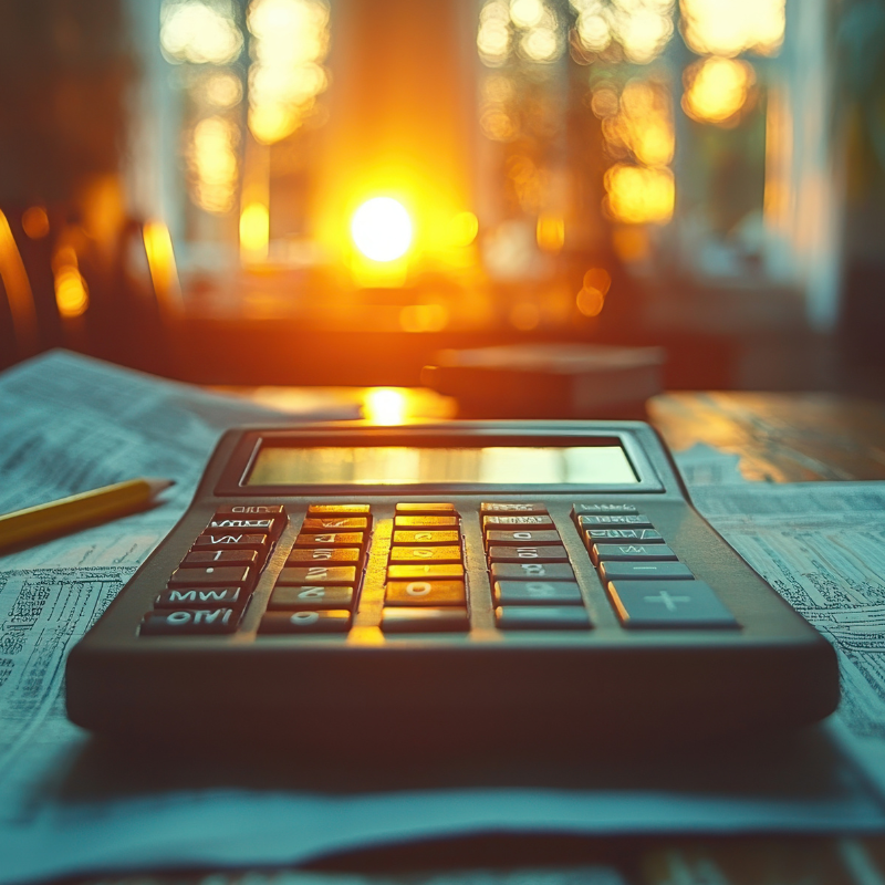 A calculator resting on financial papers with a warm sunset in the background.