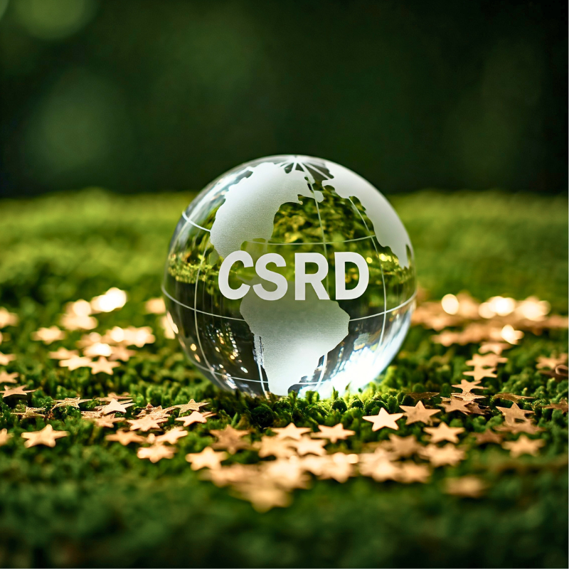 picture of a glass globe with "CSRD" etched on it, resting on a bed of moss surrounded by small gold stars, representing the EU's Corporate Sustainability Reporting Directive.