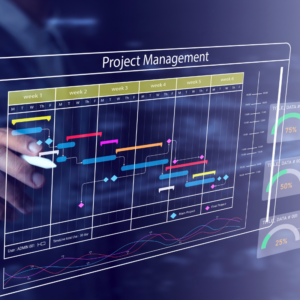 Business project management system Milestone progress planning with a scheduling interface on a virtual screen.