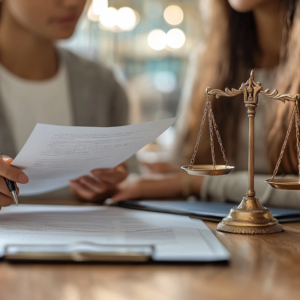 Business professionals engaging in legal consultation, discussing tax documents in a modern office setting.