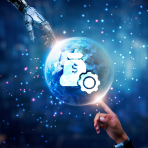 Hands of robot and human touching on asset management icon for private equity global network connection, financial planning, risk assessment, investment strategies, and artificial intelligence technology.