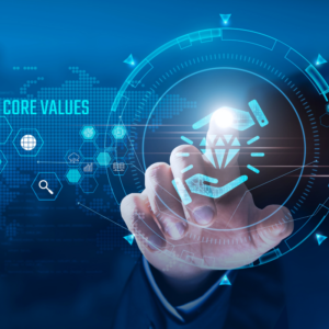 Core Values Concept: Businessman touching core values icon on virtual interface, integrity, respect, accountability, innovation, collaboration, excellence, growth and driving success.