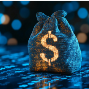 digital money bag with dollar sign on blue digital background, glowing lights and binary code in the foreground, high resolution