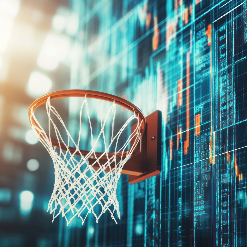 basketball hoop with stock market background