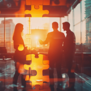 business professionals assembling puzzle pieces in a modern office