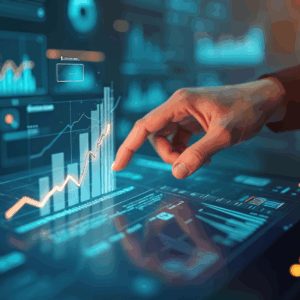 Manager touches growth graph on analytics HubSpot dashboards