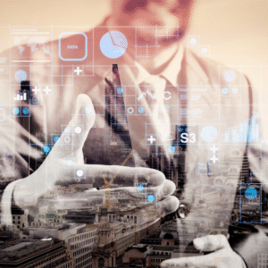 double exposure of businessman with an open hand ready to seal business investor project deal,front view,London buildings city