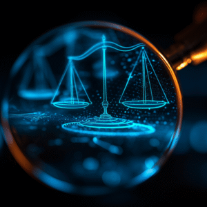 Magnifying glass revealing scales of justice on a digital interface symbolizing legal technology and compliance, IRS audit oversight.